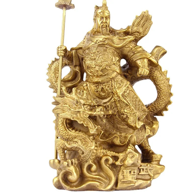 China Brass Dragon Robe Stand Dragon Warrior Guan Gong Yu Door-God Sword Statue