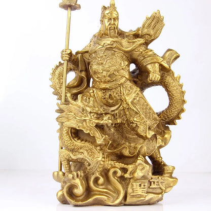 China Brass Dragon Robe Stand Dragon Warrior Guan Gong Yu Door-God Sword Statue