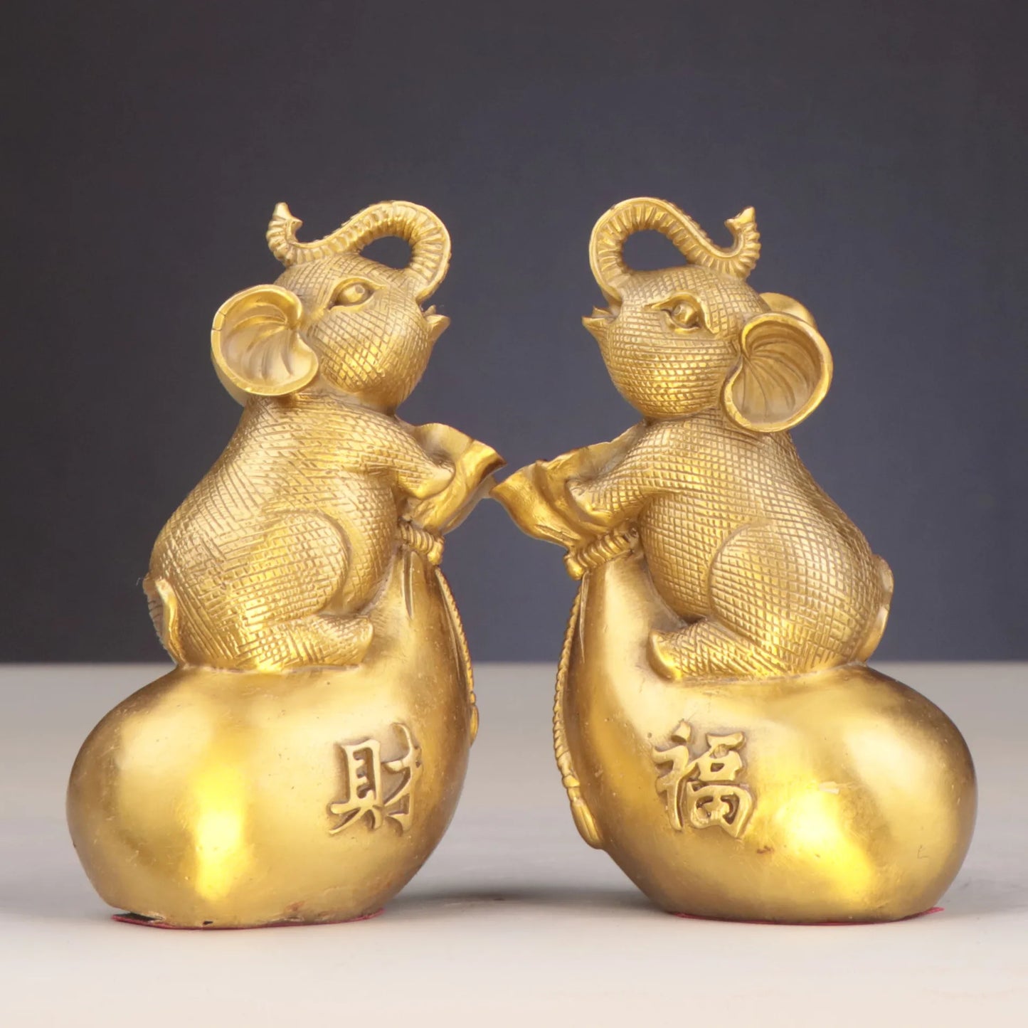 China Brass Fengshui Elephant Money Bag Wealth Lucky Art Figurines A Pair