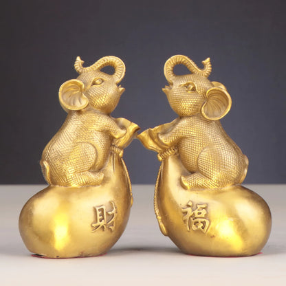 China Brass Fengshui Elephant Money Bag Wealth Lucky Art Figurines A Pair