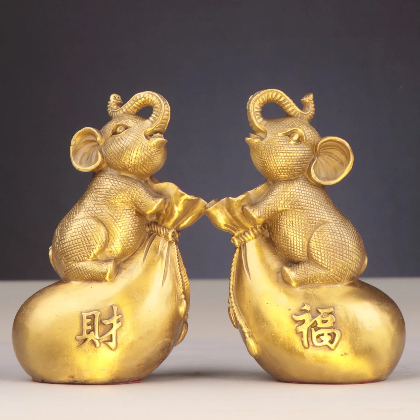 China Brass Fengshui Elephant Money Bag Wealth Lucky Art Figurines A Pair
