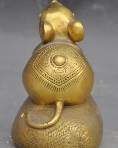 China Brass Fengshui Zodiac Rat Mice Mouse Money Bag wealth Lucky Art Figurines