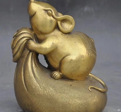 China Brass Fengshui Zodiac Rat Mice Mouse Money Bag wealth Lucky Art Figurines