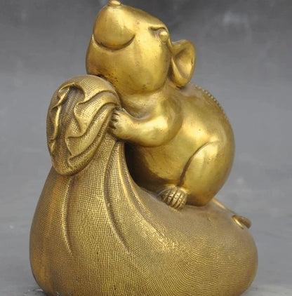 China Brass Fengshui Zodiac Rat Mice Mouse Money Bag wealth Lucky Art Figurines