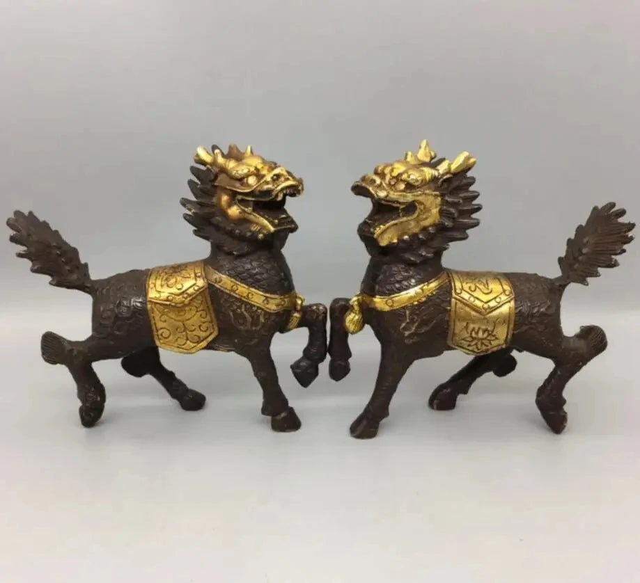 China Brass Gilding Kirin Crafts Statue A Pair