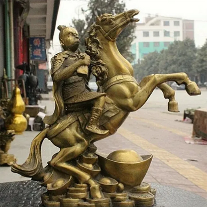 China Brass Yuanbao Monkey King Sun Wu Kong Hand Prayer flag Ride Horse Statue