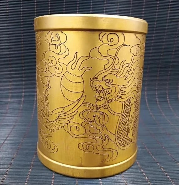 China Brass carving dragon and phoenix Pencil Vase