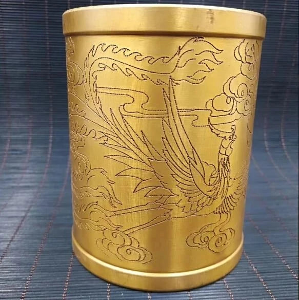 China Brass carving dragon and phoenix Pencil Vase