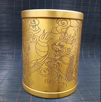 China Brass carving dragon and phoenix Pencil Vase