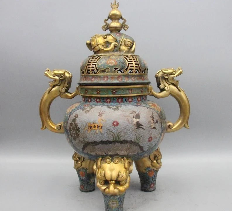 China Bronze Cloisonne Enamel Dragon Foo Dog Elephant Incense Burner Censer