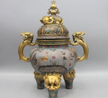 China Bronze Cloisonne Enamel Dragon Foo Dog Elephant Incense Burner Censer