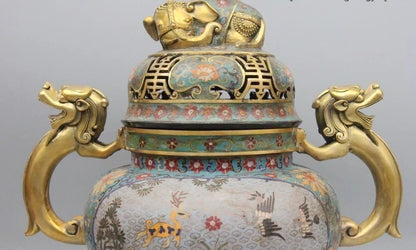 China Bronze Cloisonne Enamel Dragon Foo Dog Elephant Incense Burner Censer
