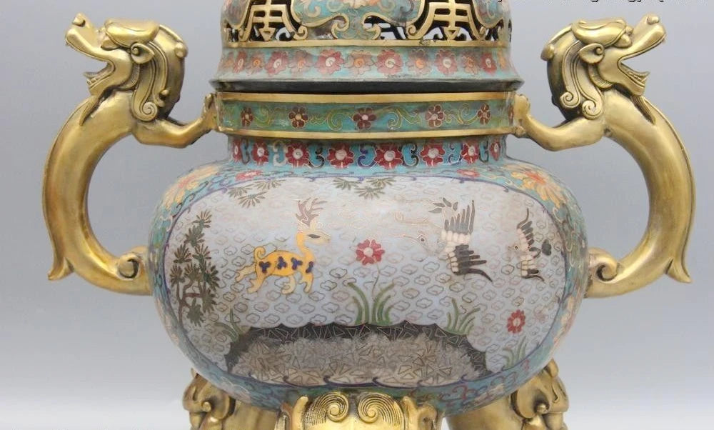 China Bronze Cloisonne Enamel Dragon Foo Dog Elephant Incense Burner Censer