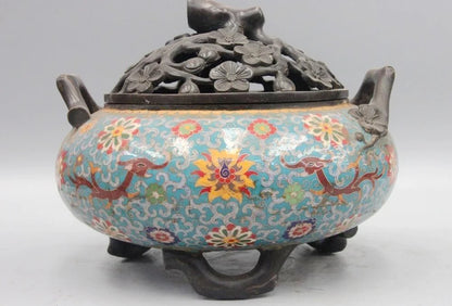 China Bronze Cloisonne Enamel Dragon Plum Blossom limb Incense Burner Censer