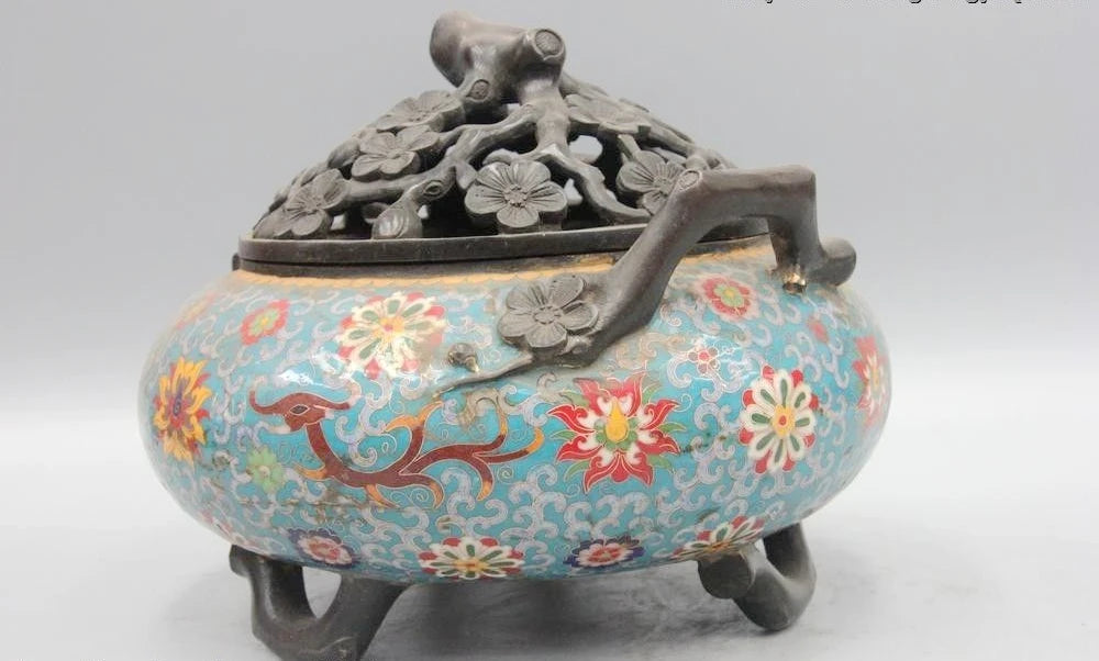 China Bronze Cloisonne Enamel Dragon Plum Blossom limb Incense Burner Censer