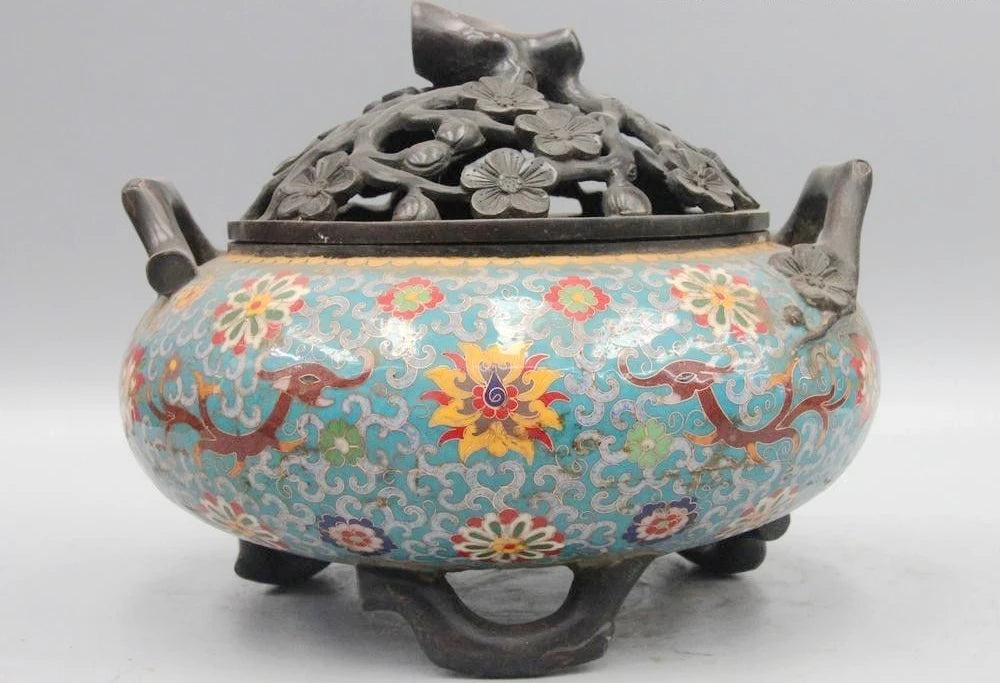China Bronze Cloisonne Enamel Dragon Plum Blossom limb Incense Burner Censer