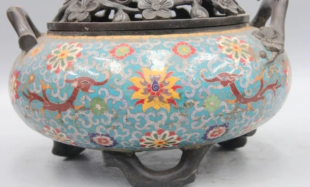 China Bronze Cloisonne Enamel Dragon Plum Blossom limb Incense Burner Censer