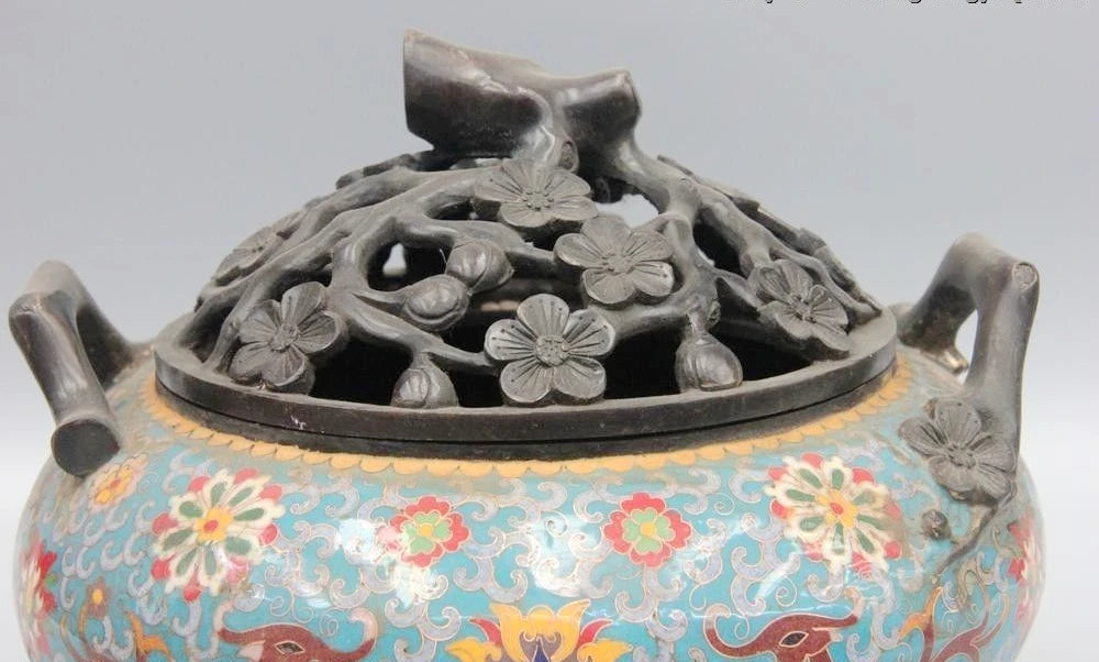 China Bronze Cloisonne Enamel Dragon Plum Blossom limb Incense Burner Censer