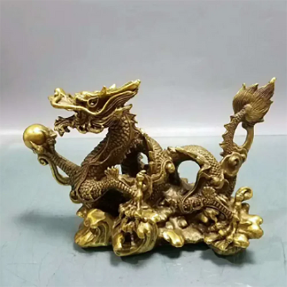 China Bronze Feng shui 12 Zodiac Year Dragon Chinese God Loong Beast Ball Statue