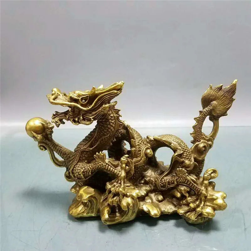China Bronze Feng shui 12 Zodiac Year Dragon Chinese God Loong Beast Ball Statue