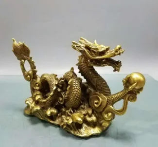 China Bronze Feng shui 12 Zodiac Year Dragon Chinese God Loong Beast Ball Statue