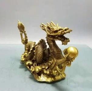 China Bronze Feng shui 12 Zodiac Year Dragon Chinese God Loong Beast Ball Statue