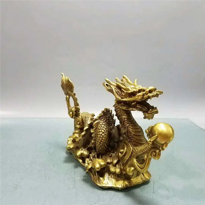 China Bronze Feng shui 12 Zodiac Year Dragon Chinese God Loong Beast Ball Statue