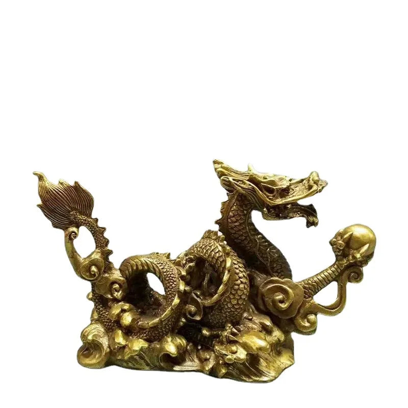 China Bronze Feng shui 12 Zodiac Year Dragon Chinese God Loong Beast Ball Statue