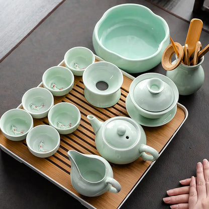 China Celadon Kung Fu Tea Set Ceramic Household Tureen Teapot Teacup Small Set Office Simple Tea Ceremony Tea Tray Set