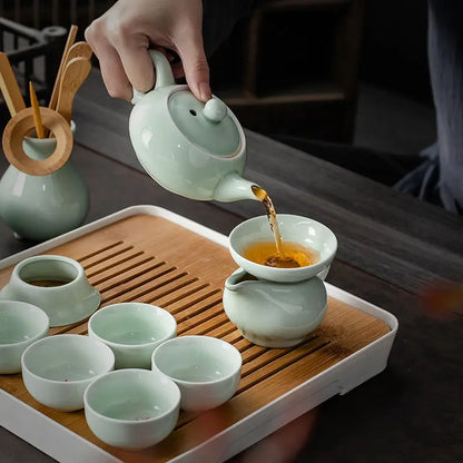 China Celadon Kung Fu Tea Set Ceramic Household Tureen Teapot Teacup Small Set Office Simple Tea Ceremony Tea Tray Set