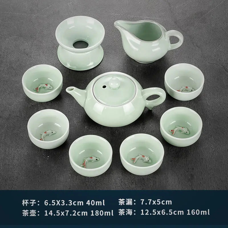 China Celadon Kung Fu Tea Set Ceramic Household Tureen Teapot Teacup Small Set Office Simple Tea Ceremony Tea Tray Set