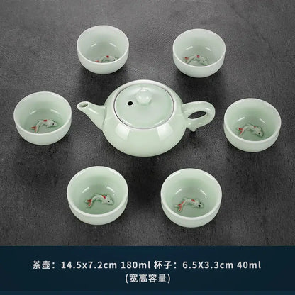China Celadon Kung Fu Tea Set Ceramic Household Tureen Teapot Teacup Small Set Office Simple Tea Ceremony Tea Tray Set