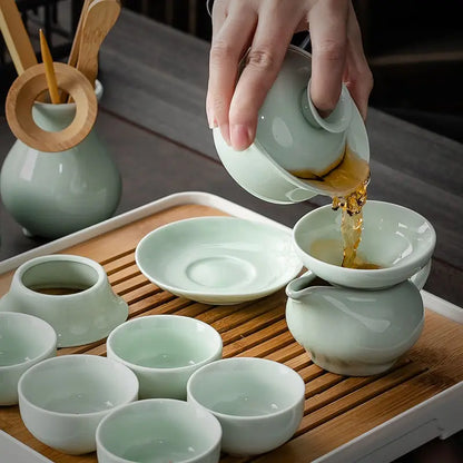 China Celadon Kung Fu Tea Set Ceramic Household Tureen Teapot Teacup Small Set Office Simple Tea Ceremony Tea Tray Set