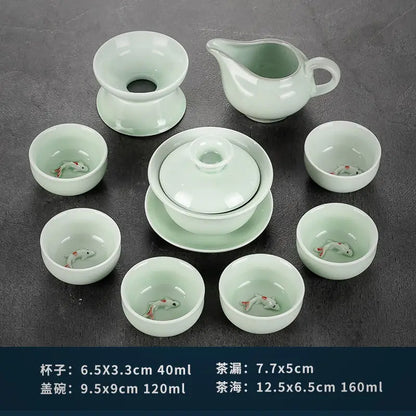 China Celadon Kung Fu Tea Set Ceramic Household Tureen Teapot Teacup Small Set Office Simple Tea Ceremony Tea Tray Set