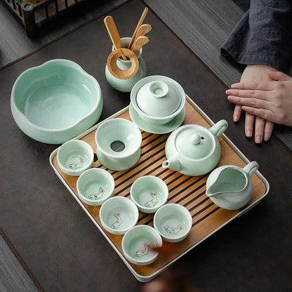 China Celadon Kung Fu Tea Set Ceramic Household Tureen Teapot Teacup Small Set Office Simple Tea Ceremony Tea Tray Set