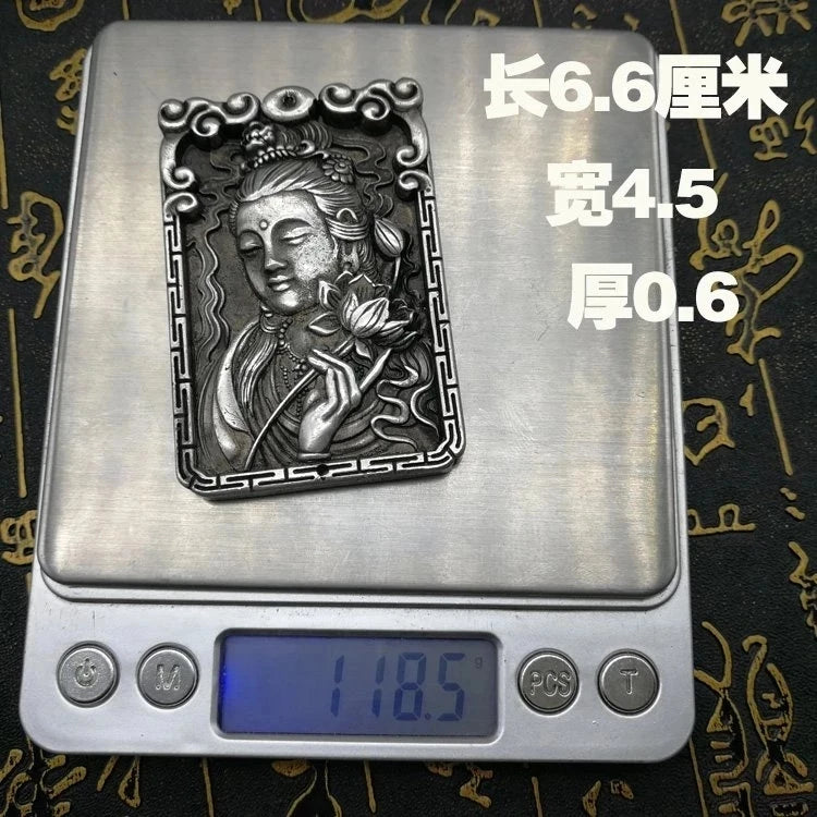 China Collectible Old miao silver carving Guanyin bodhisattva Kwan-yin Buddha metal crafts pendant necklace