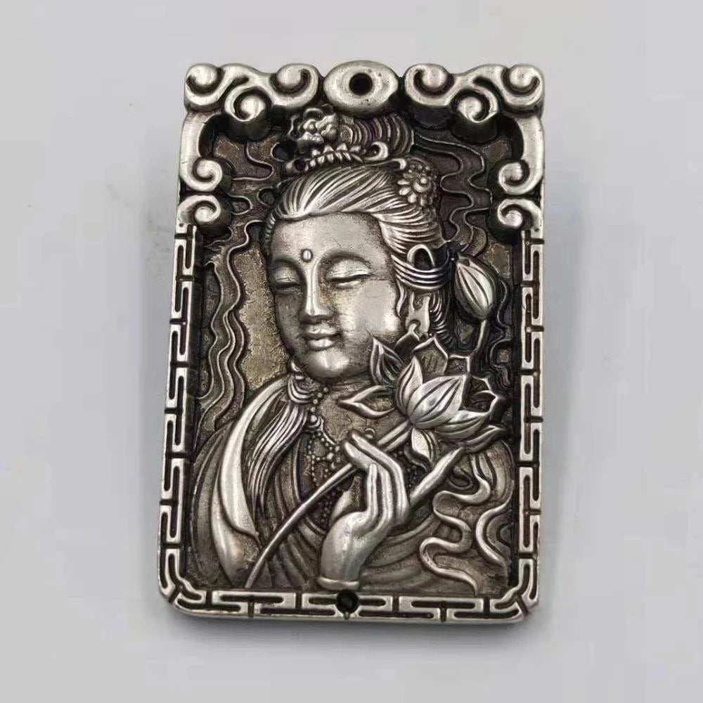 China Collectible Old miao silver carving Guanyin bodhisattva Kwan-yin Buddha metal crafts pendant necklace