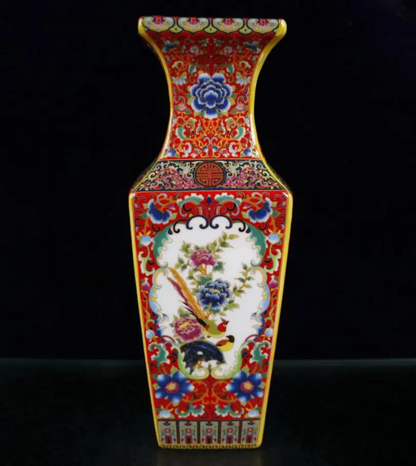 China Colored glaze ceramic flowers bird four square vase crafts statue