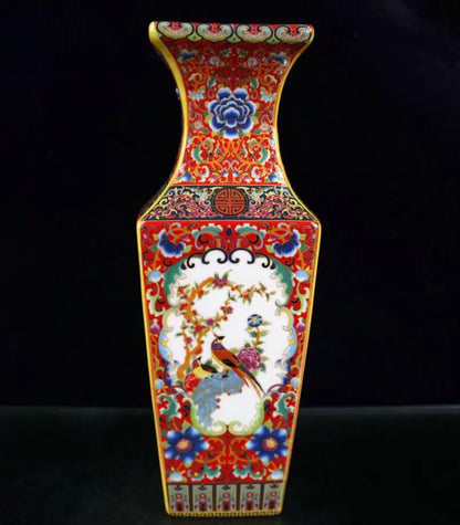 China Colored glaze ceramic flowers bird four square vase crafts statue