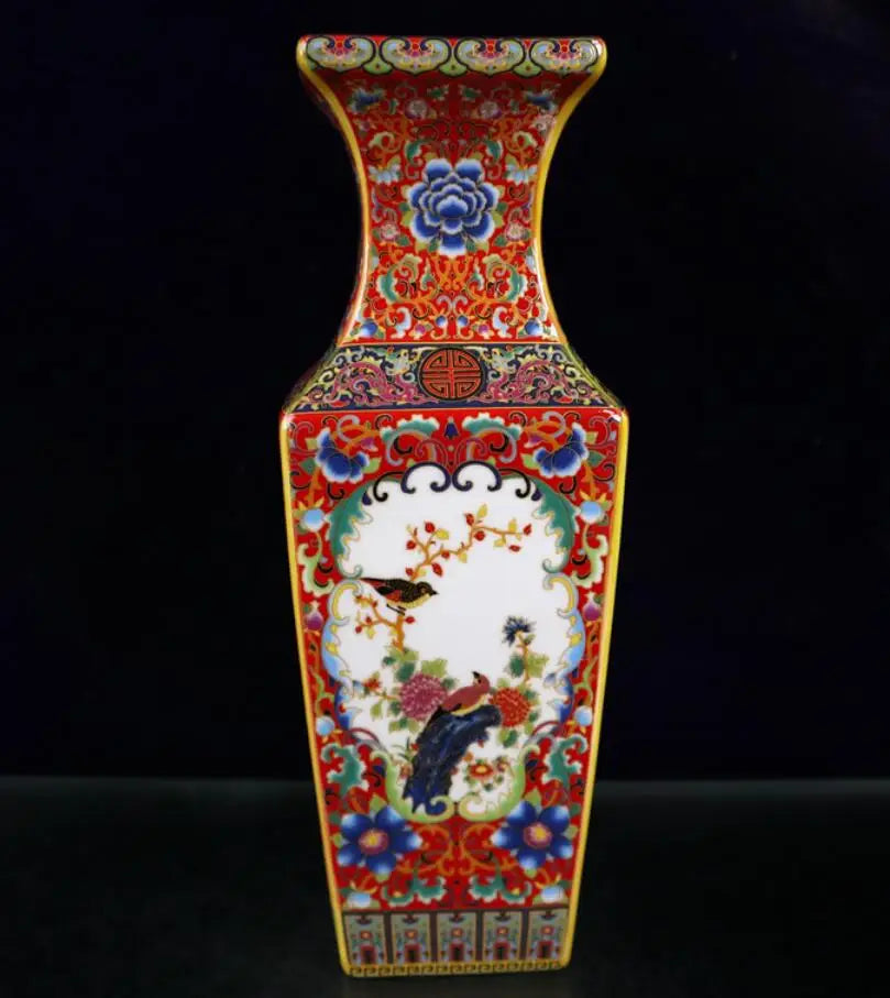 China Colored glaze ceramic flowers bird four square vase crafts statue
