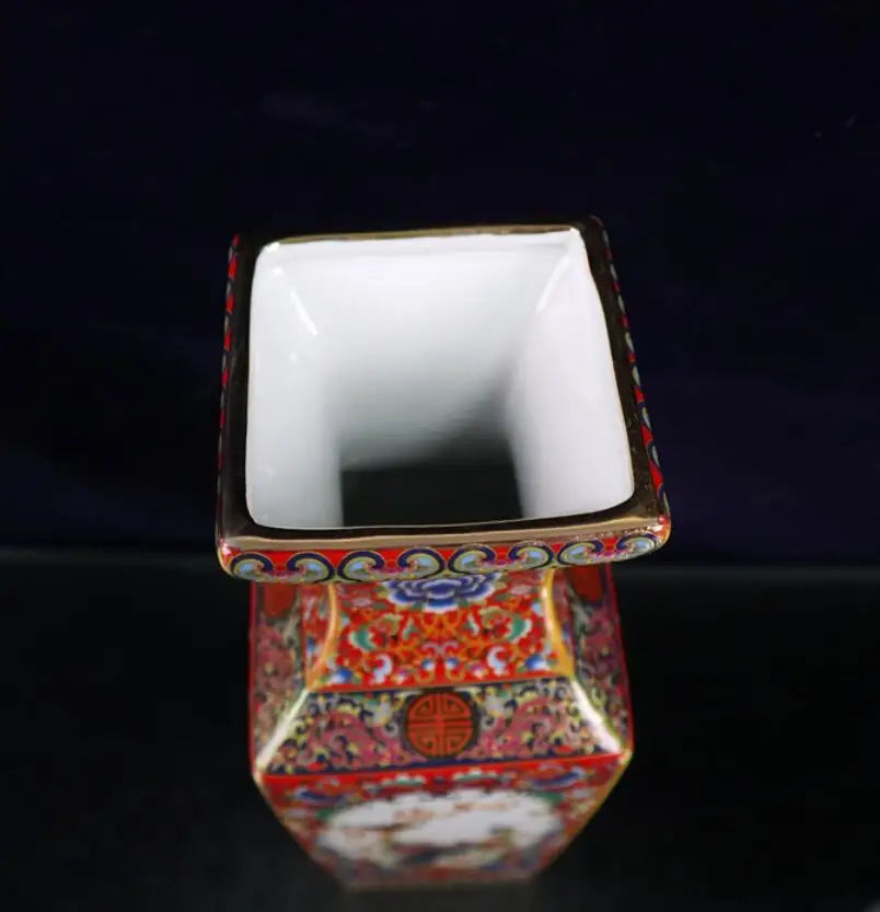 China Colored glaze ceramic flowers bird four square vase crafts statue