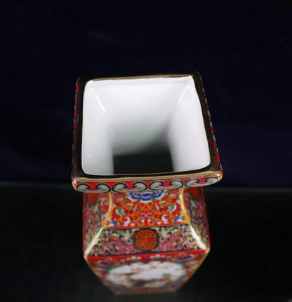 China Colored glaze ceramic flowers bird four square vase crafts statue