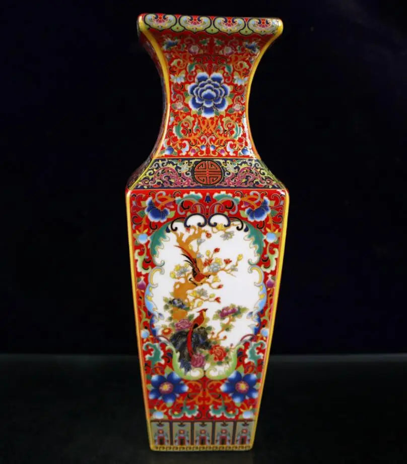 China Colored glaze ceramic flowers bird four square vase crafts statue