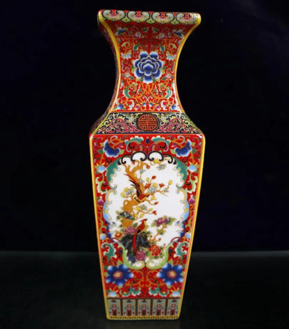 China Colored glaze ceramic flowers bird four square vase crafts statue