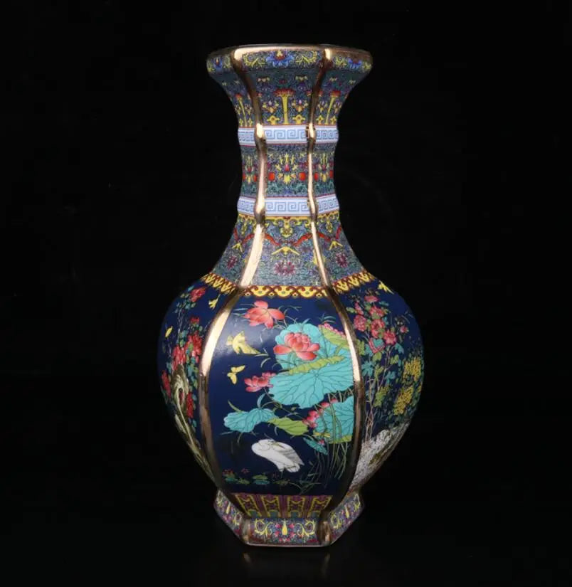 China Colored glaze ceramic flowers bird six square vase crafts statue