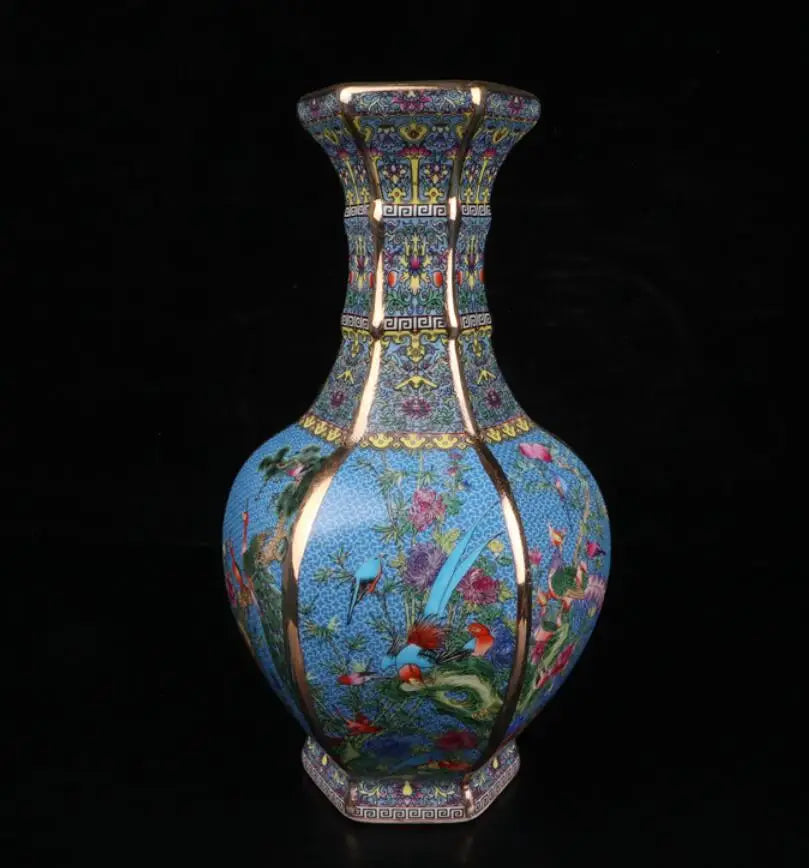 China Colored glaze ceramic flowers bird six square vase crafts statue
