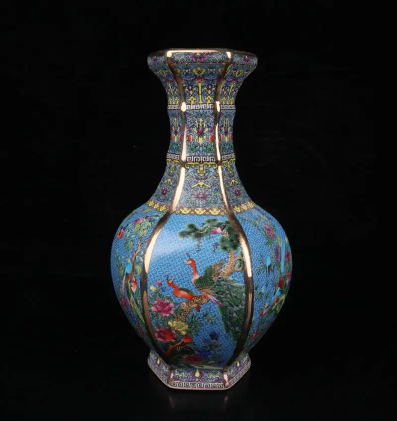 China Colored glaze ceramic flowers bird six square vase crafts statue