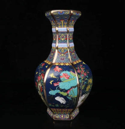 China Colored glaze ceramic flowers bird six square vase crafts statue