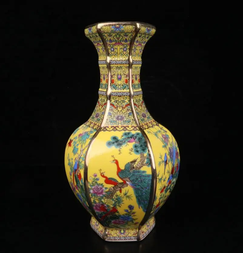 China Colored glaze ceramic flowers bird six square vase crafts statue