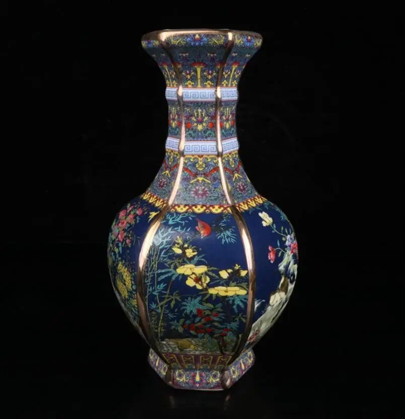 China Colored glaze ceramic flowers bird six square vase crafts statue